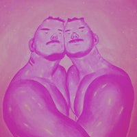 a painting of two men hugging each other on a pink background