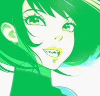 an anime girl with black hair and green eyes